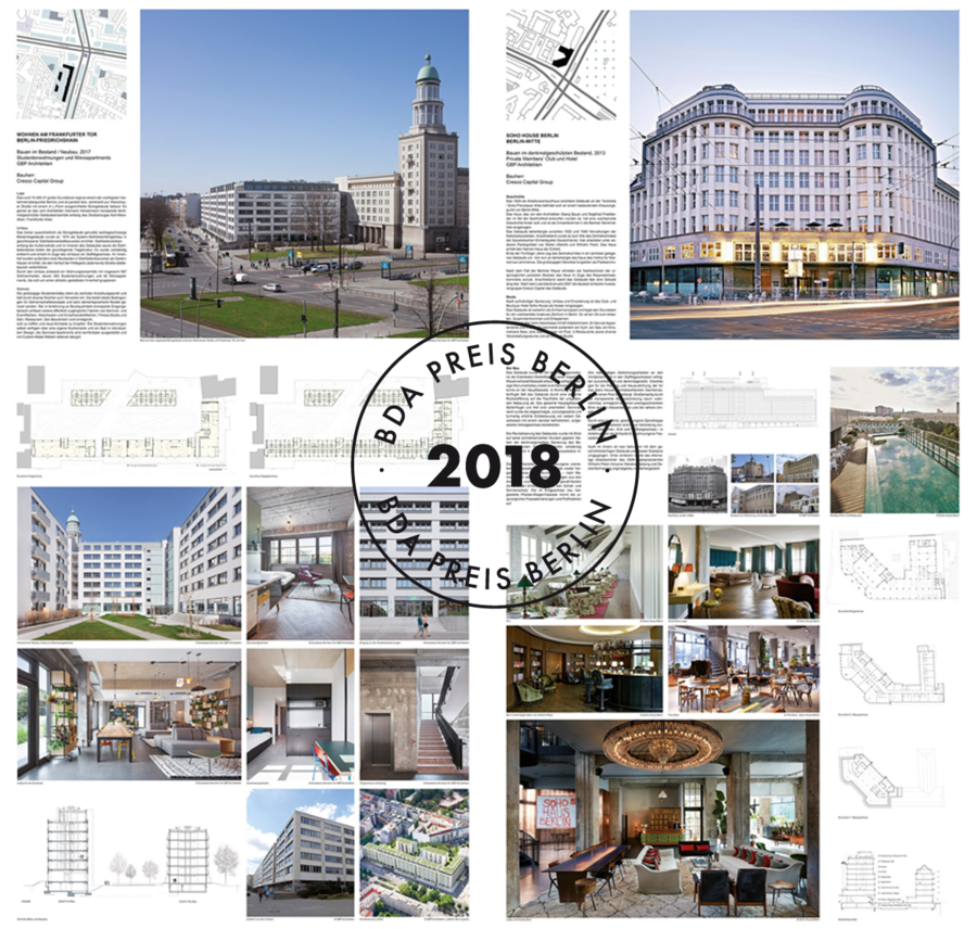 Beim BDA Preis Berlin 2018 eingereichte Projekte "Wohnen am Frankfurter Tor" und "Soho House Berlin" © GBP Architekten